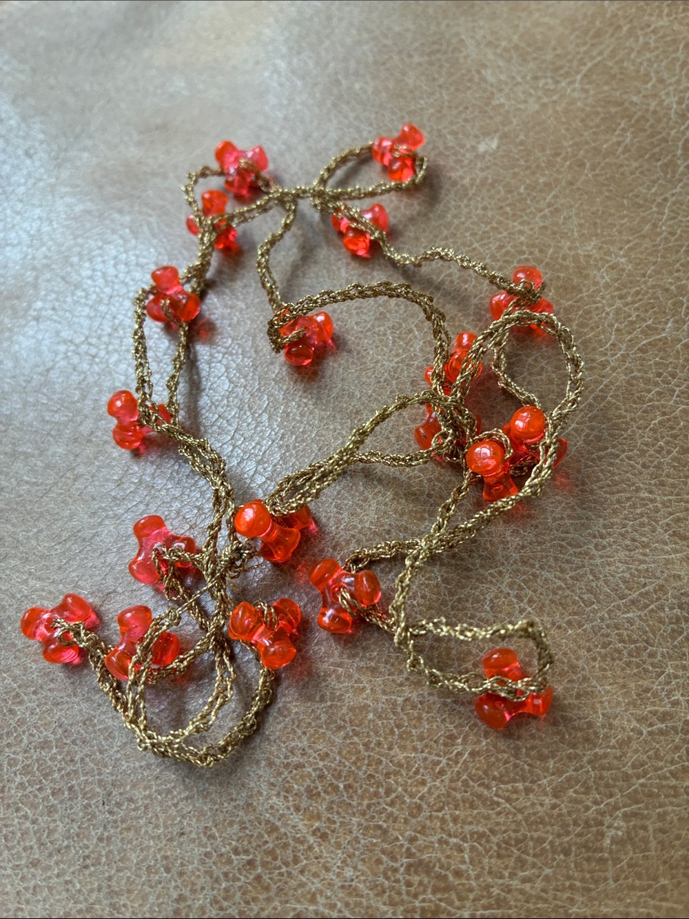 Funk pop 1960/ neon orange mod bead crocheted metallic cord Necklace 20 in.